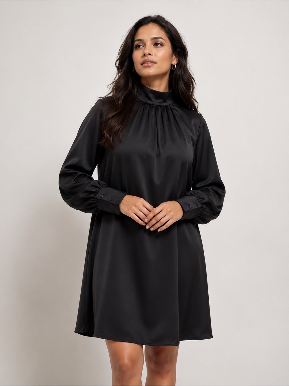 Black satin long sleeve knee length dress flowy